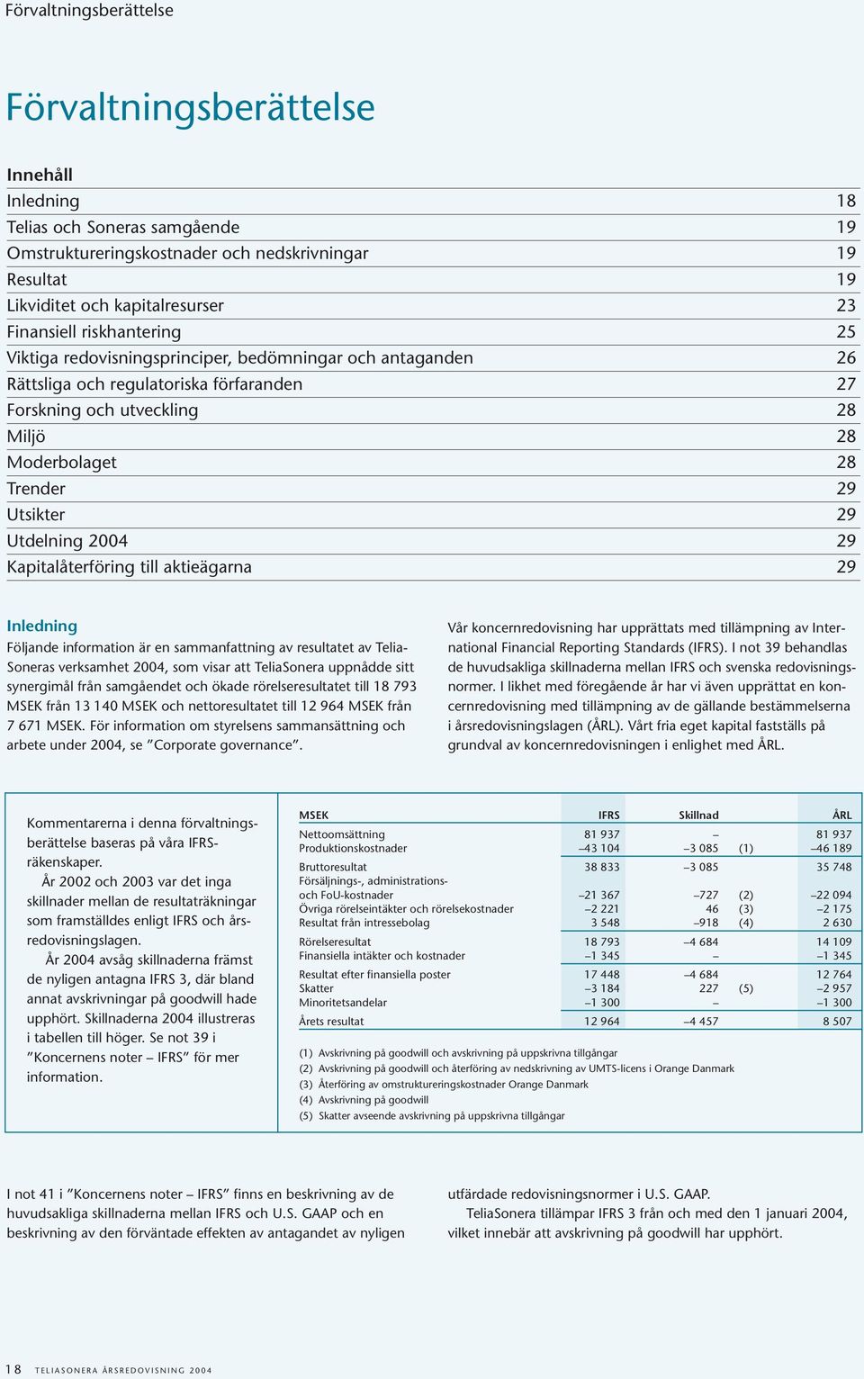 Utsikter 29 Utdelning 2004 29 Kapitalåterföring till aktieägarna 29 Inledning Följande information är en sammanfattning av resultatet av Telia- Soneras verksamhet 2004, som visar att TeliaSonera