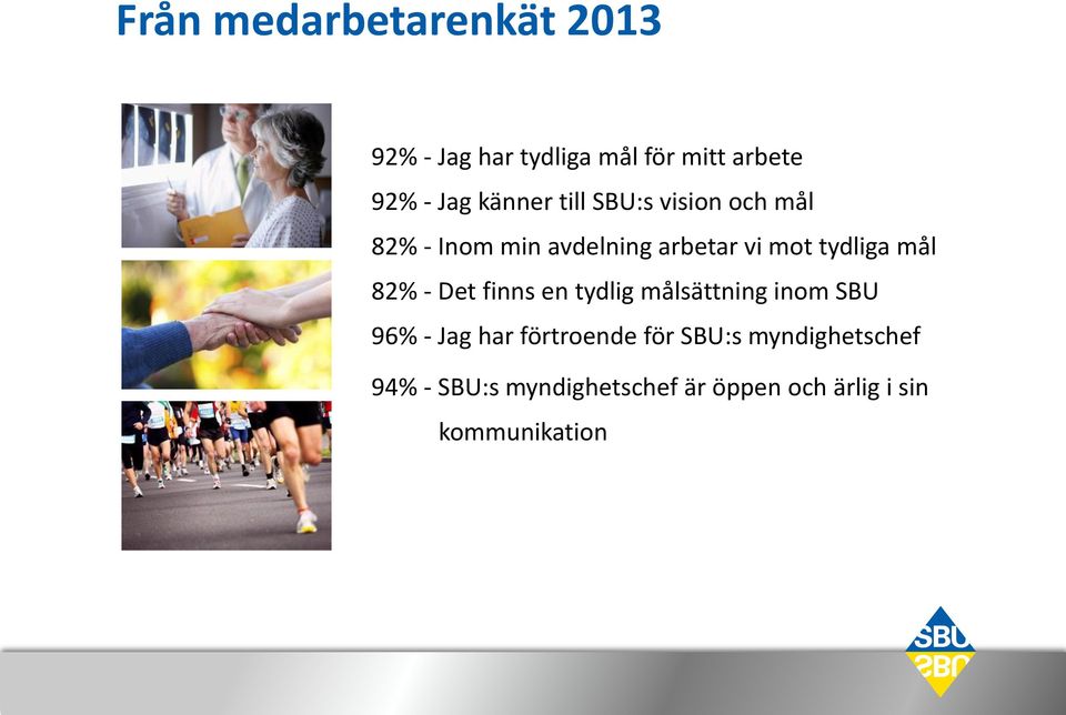 mål 82% - Det finns en tydlig målsättning inom SBU 96% - Jag har förtroende för