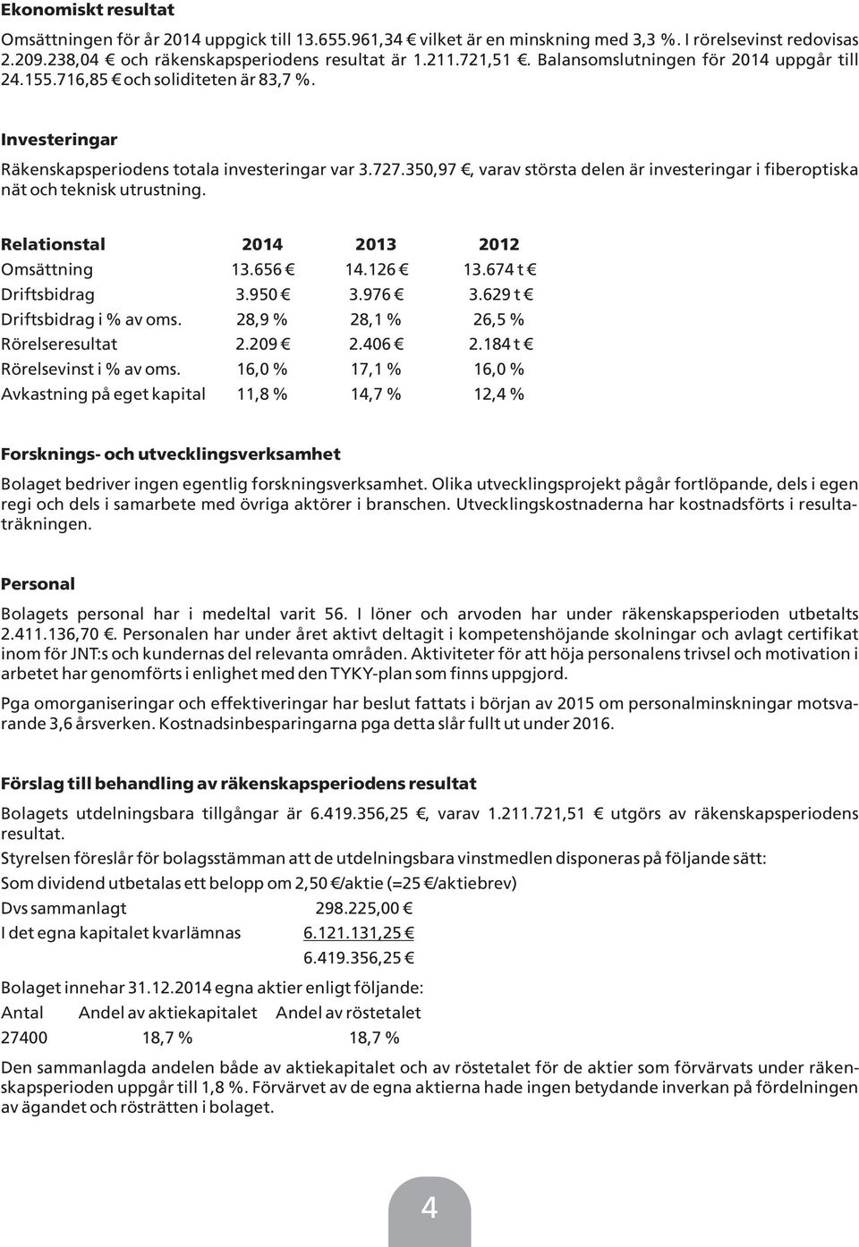 350,97, varav största delen är investeringar i fiberoptiska nät och teknisk utrustning. Relationstal 2014 2013 2012 Omsättning 13.656 14.126 13.674 t Driftsbidrag 3.950 3.976 3.