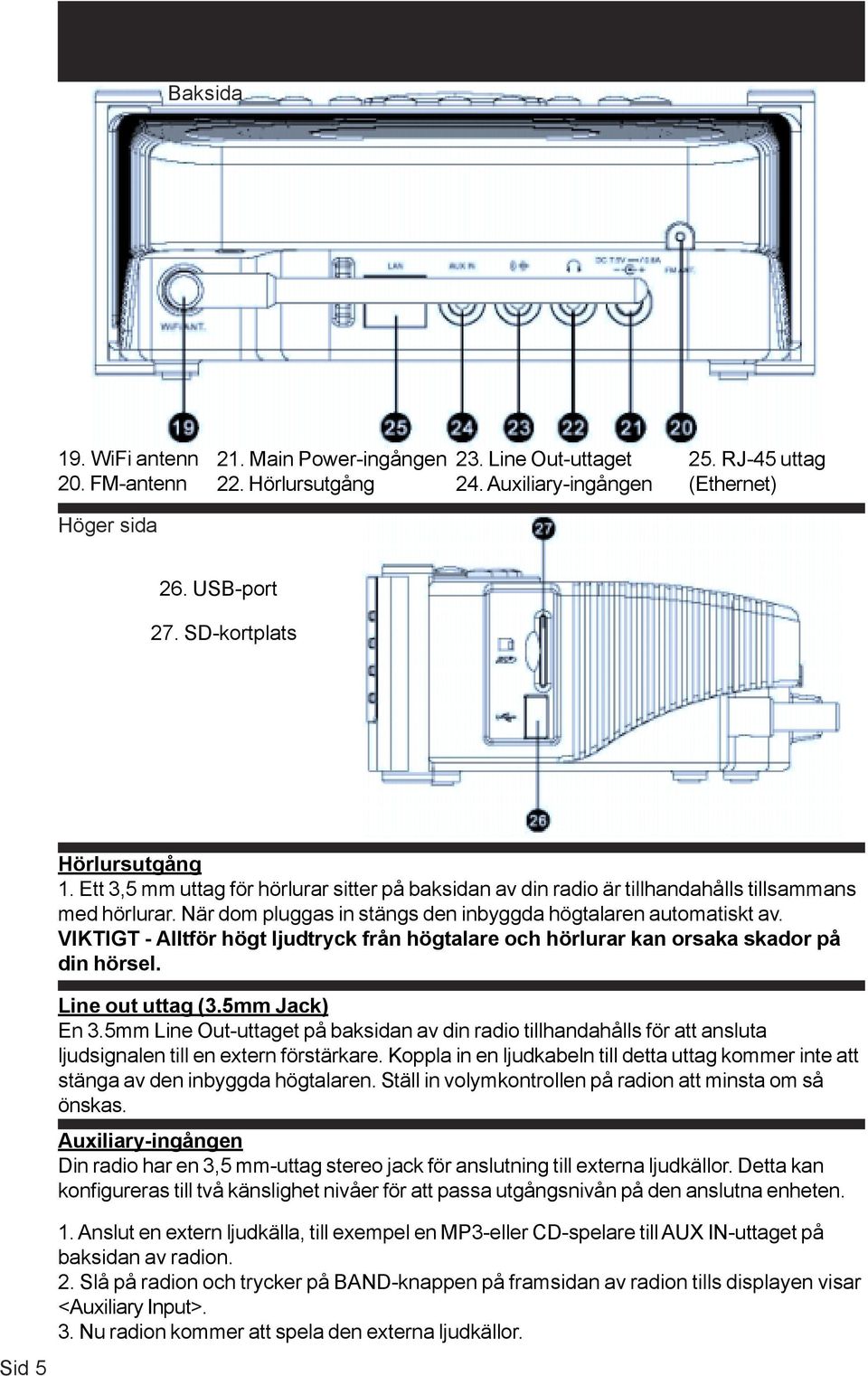 När dom pluggas in stängs den inbyggda högtalaren automatiskt av. VIKTIGT - Alltför högt ljudtryck från högtalare och hörlurar kan orsaka skador på din hörsel. Line out uttag (3.5mm Jack) En 3.