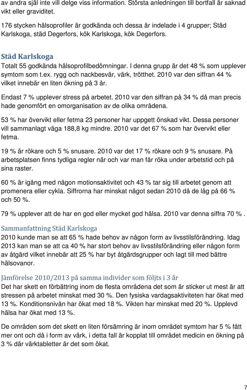 I denna grupp är det 48 % som upplever symtom som t.ex. rygg och nackbesvär, värk, trötthet. 2010 var den siffran 44 % vilket innebär en liten ökning på 3 år. Endast 7 % upplever stress på arbetet.