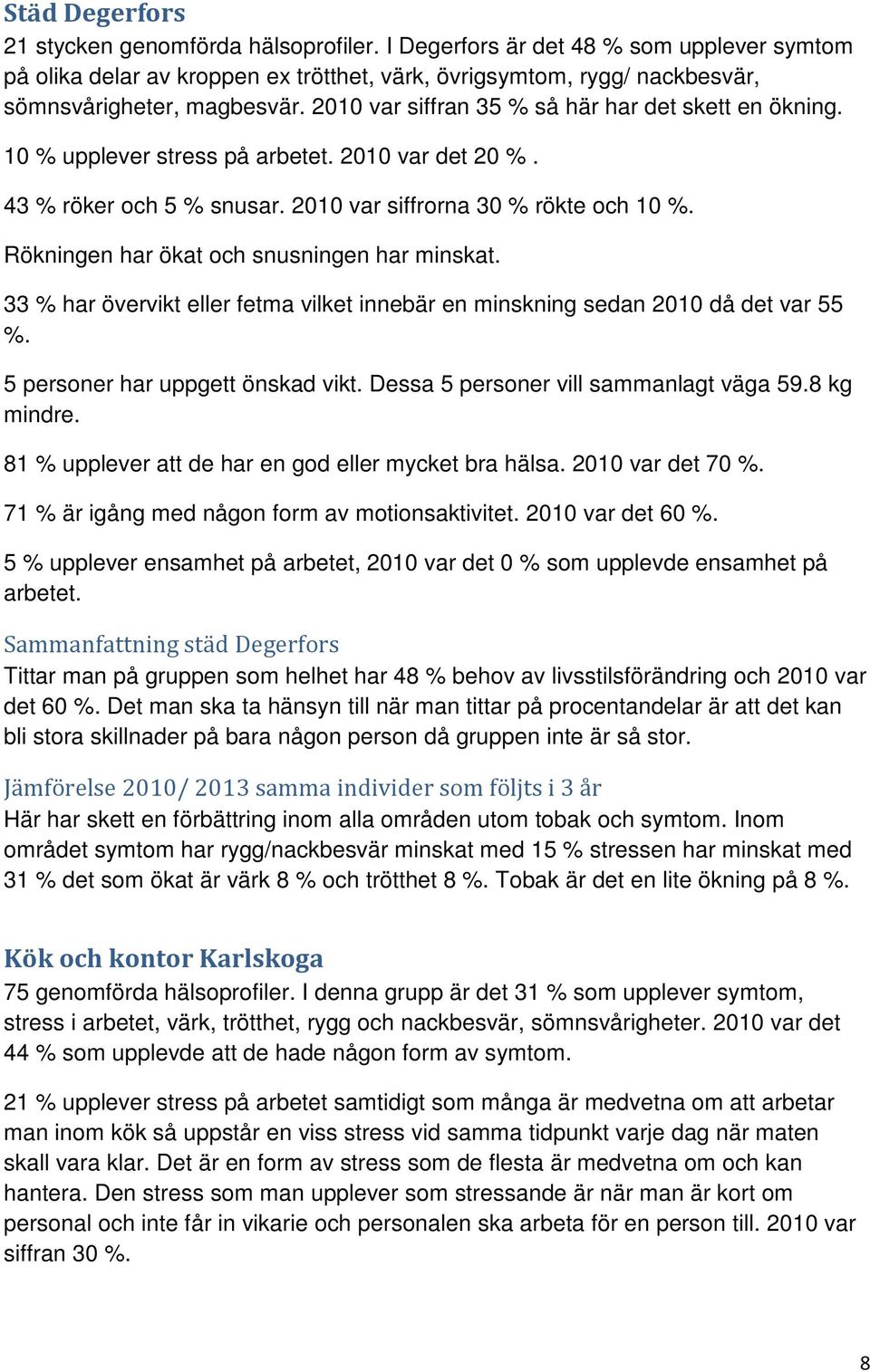 Rökningen har ökat och snusningen har minskat. 33 % har övervikt eller fetma vilket innebär en minskning sedan 2010 då det var 55 %. 5 personer har uppgett önskad vikt.