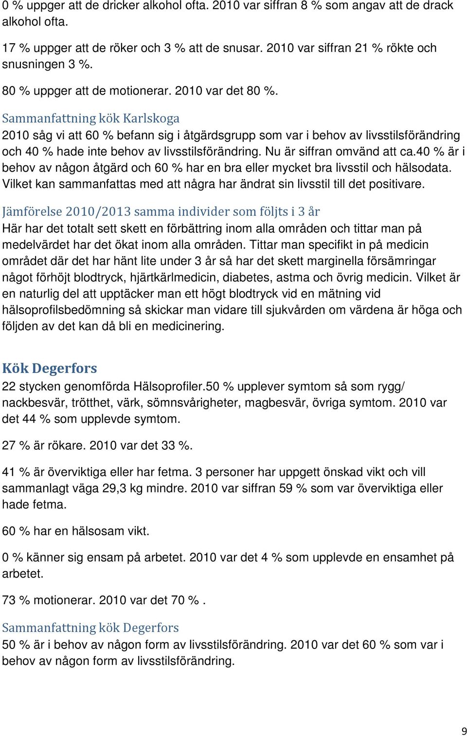 Sammanfattning kök Karlskoga 2010 såg vi att 60 % befann sig i åtgärdsgrupp som var i behov av livsstilsförändring och 40 % hade inte behov av livsstilsförändring. Nu är siffran omvänd att ca.