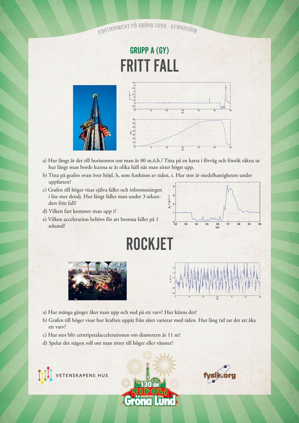 Hur långt faller man under 3 sekunders fritt fall? d) Vilken fart kommer man upp i? e) Vilken acceleration behövs för att bromsa fallet på 1 sekund?