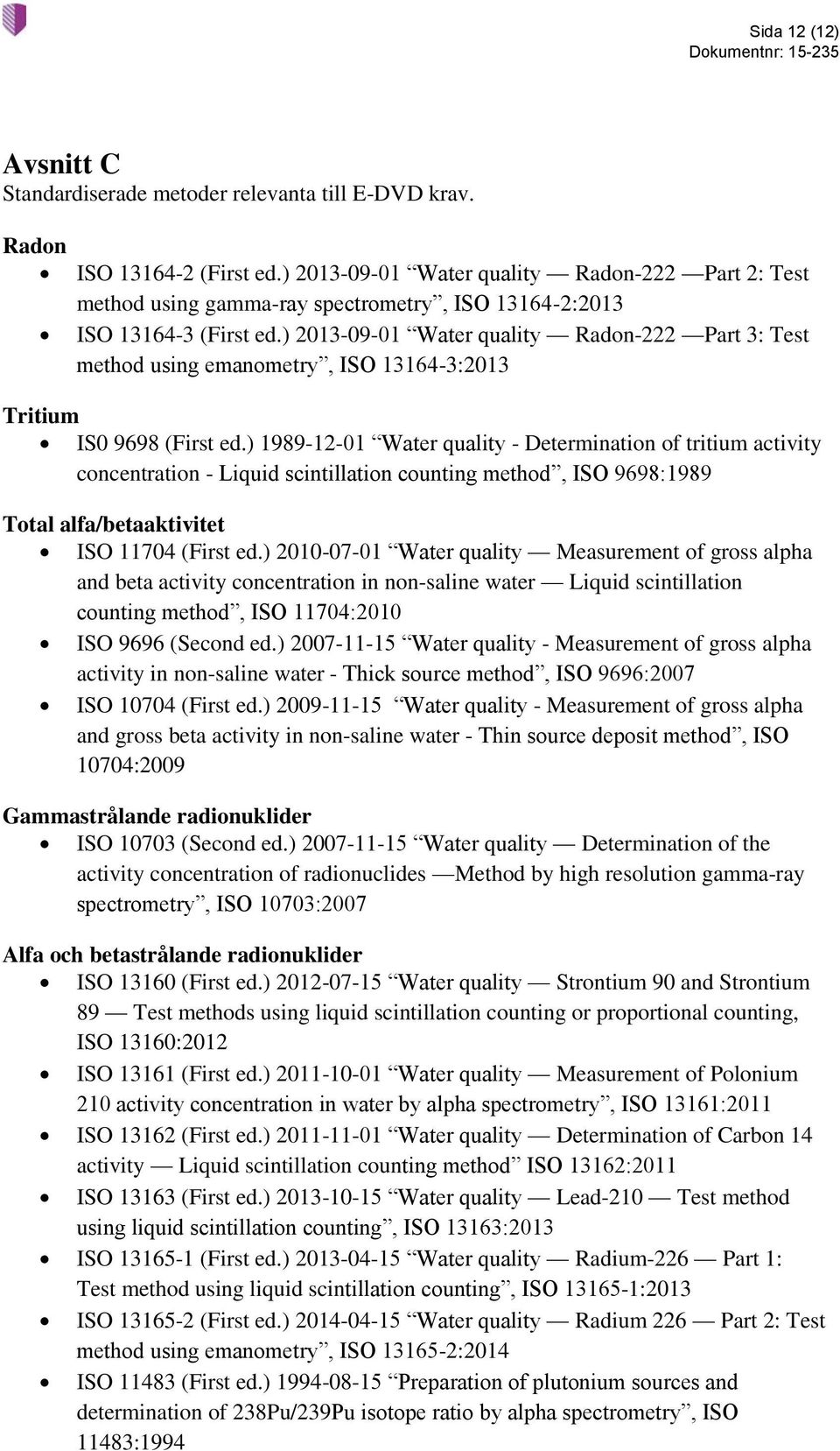 ) 2013-09-01 Water quality Radn-222 Part 3: Test methd using emanmetry, ISO 13164-3:2013 Tritium IS0 9698 (First ed.