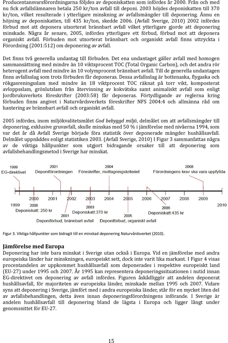 (Avfall Sverige, 2010) 2002 infördes förbud mot att deponera utsorterat brännbart avfall vilket ytterligare gjorde att deponering minskade.