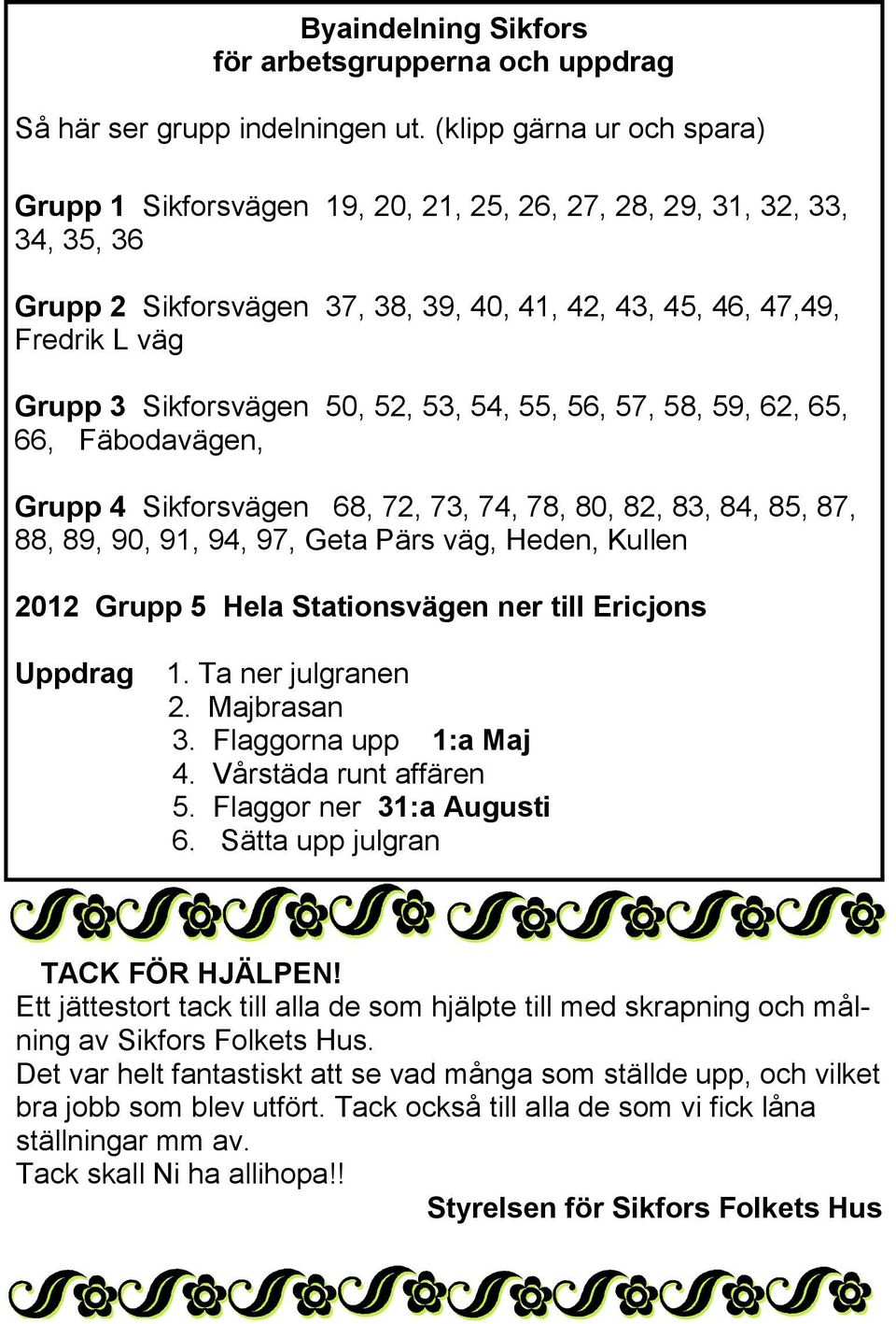 Sikforsvägen 50, 52, 53, 54, 55, 56, 57, 58, 59, 62, 65, 66, Fäbodavägen, Grupp 4 Sikforsvägen 68, 72, 73, 74, 78, 80, 82, 83, 84, 85, 87, 88, 89, 90, 91, 94, 97, Geta Pärs väg, Heden, Kullen 2012