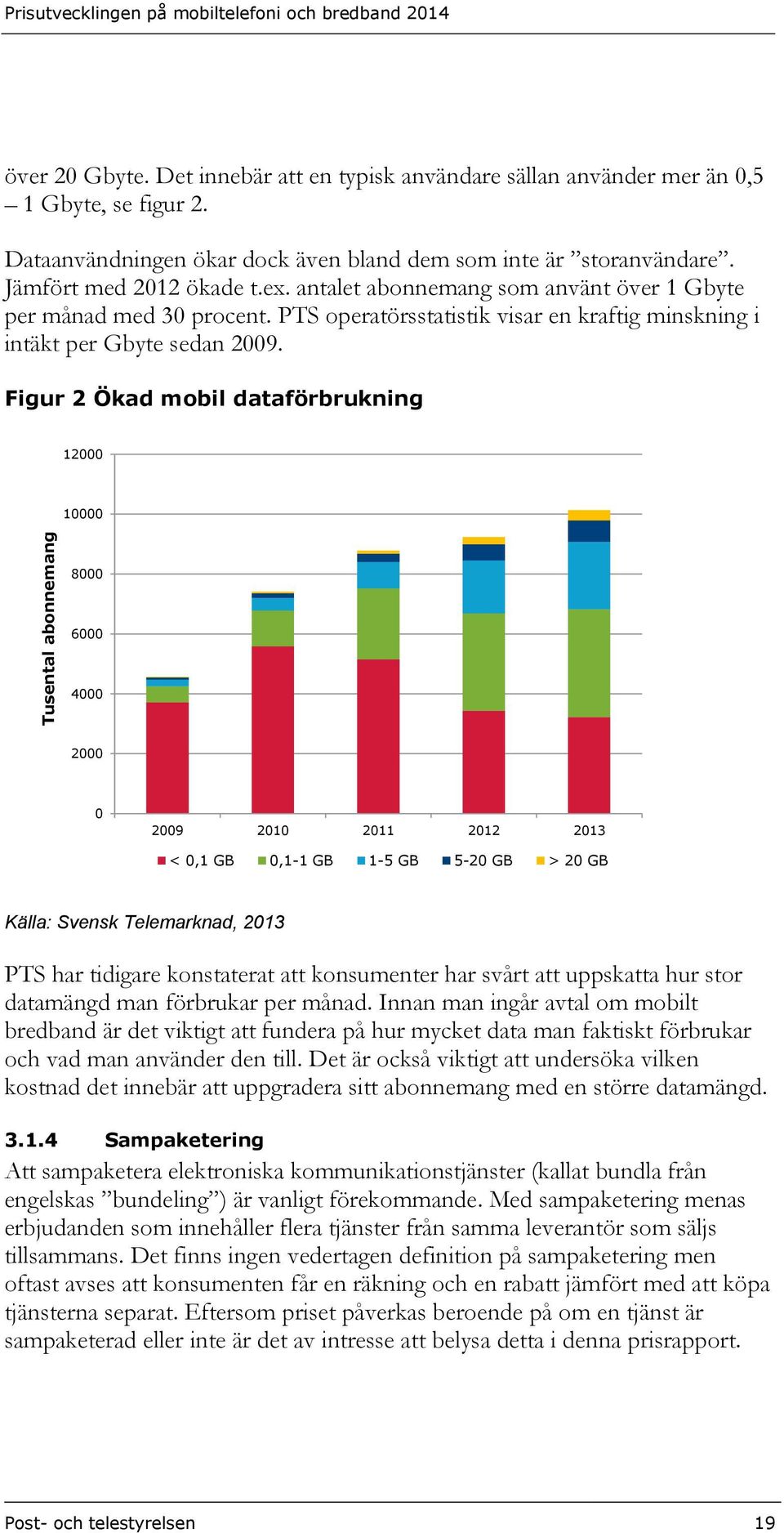 PTS operatörsstatistik visar en kraftig minskning i intäkt per Gbyte sedan 2009.