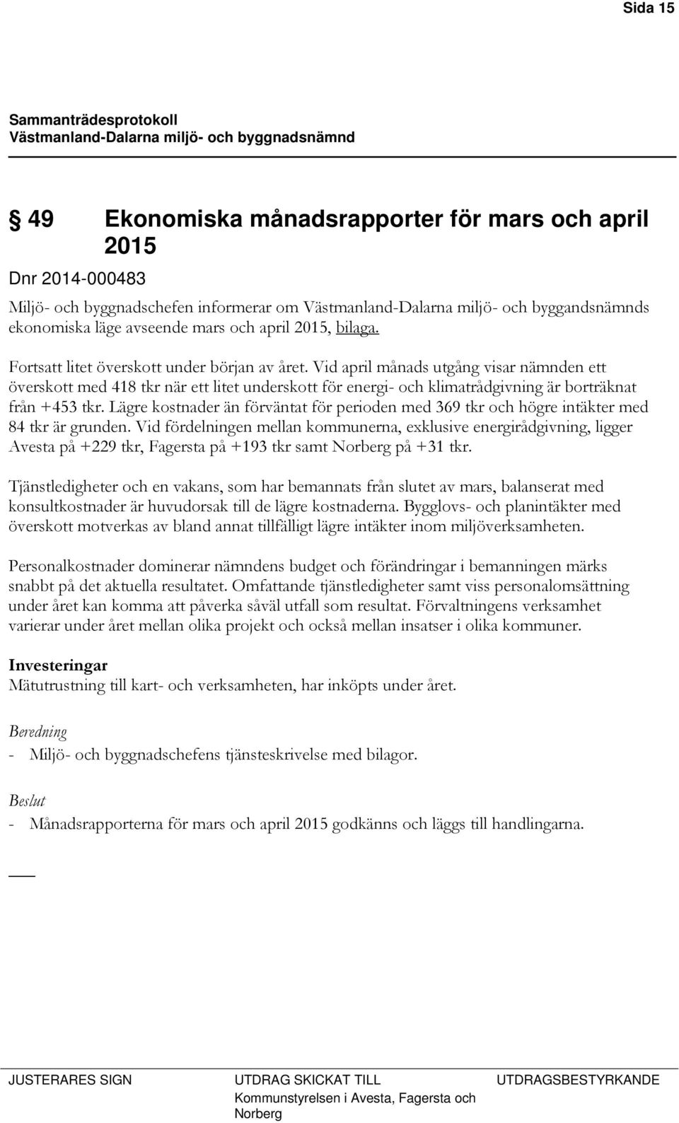 Vid april månads utgång visar nämnden ett överskott med 418 tkr när ett litet underskott för energi- och klimatrådgivning är borträknat från +453 tkr.