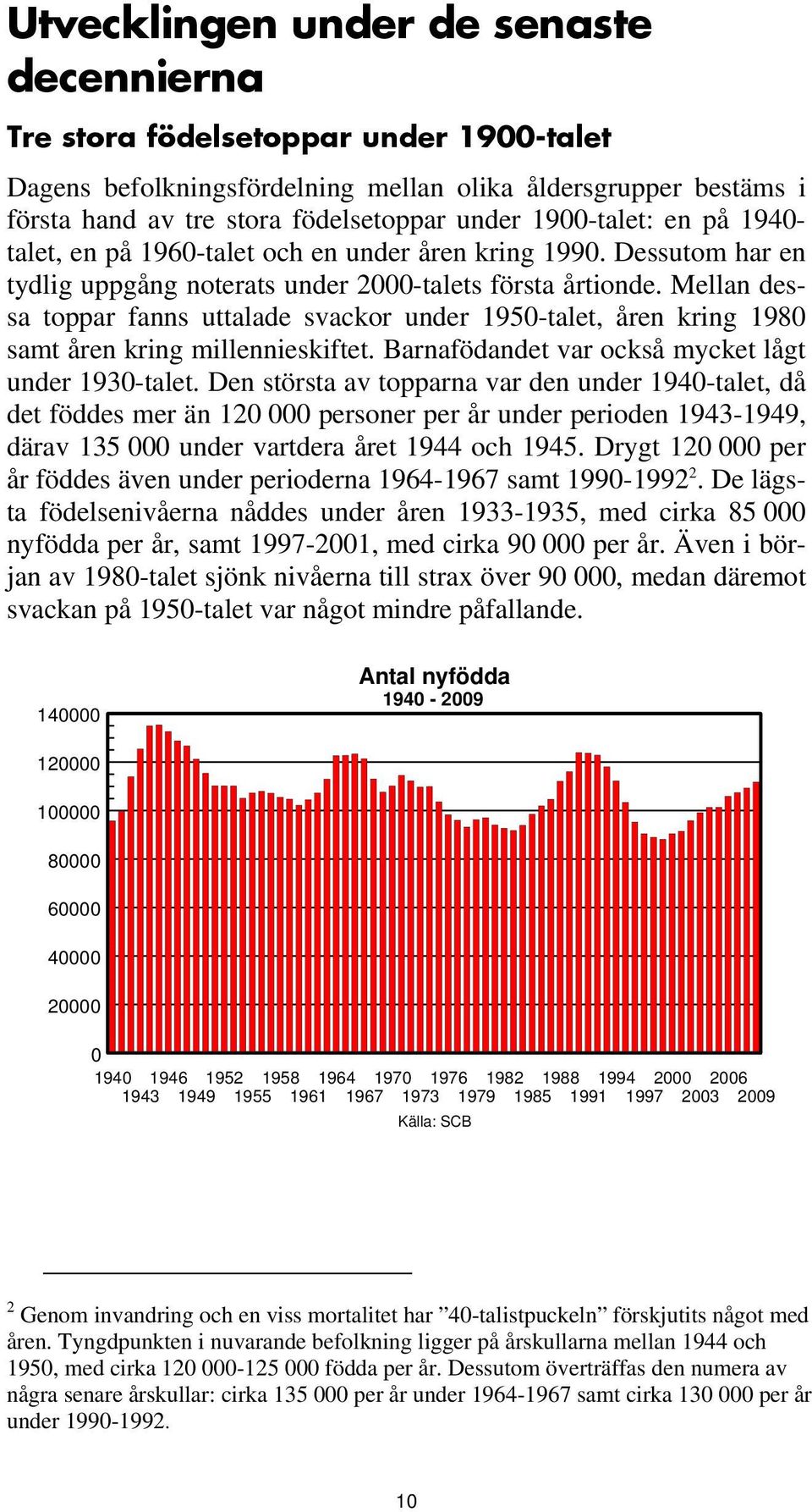 Mellan dessa toppar fanns uttalade svackor under 1950-talet, åren kring 1980 samt åren kring millennieskiftet. Barnafödandet var också mycket lågt under 1930-talet.