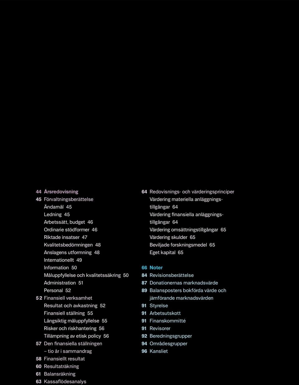 Långsiktig måluppfyllelse 55 Risker och riskhantering 56 Tillämpning av etisk policy 56 57 Den finansiella ställningen tio år i sammandrag 58 Finansiellt resultat 60 Resultaträkning 61 Balansräkning