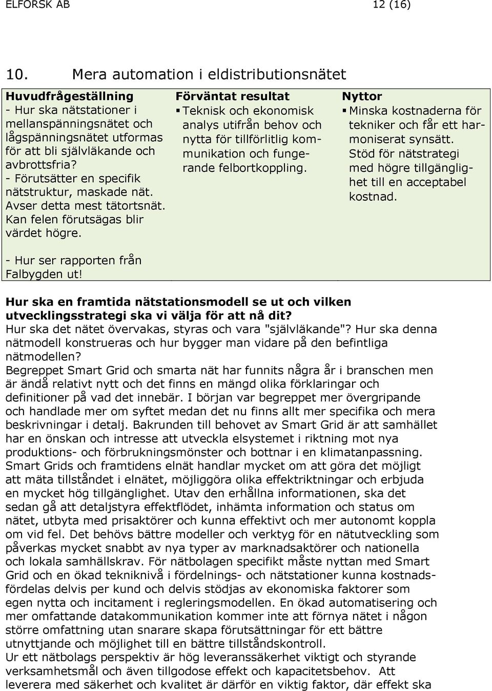 kommunikation Minska kostnaderna för tekniker och får ett harmoniserat synsätt. och funge- Stöd för nätstrategi för att bli självläkande och avbrottsfria? rande felbortkoppling.