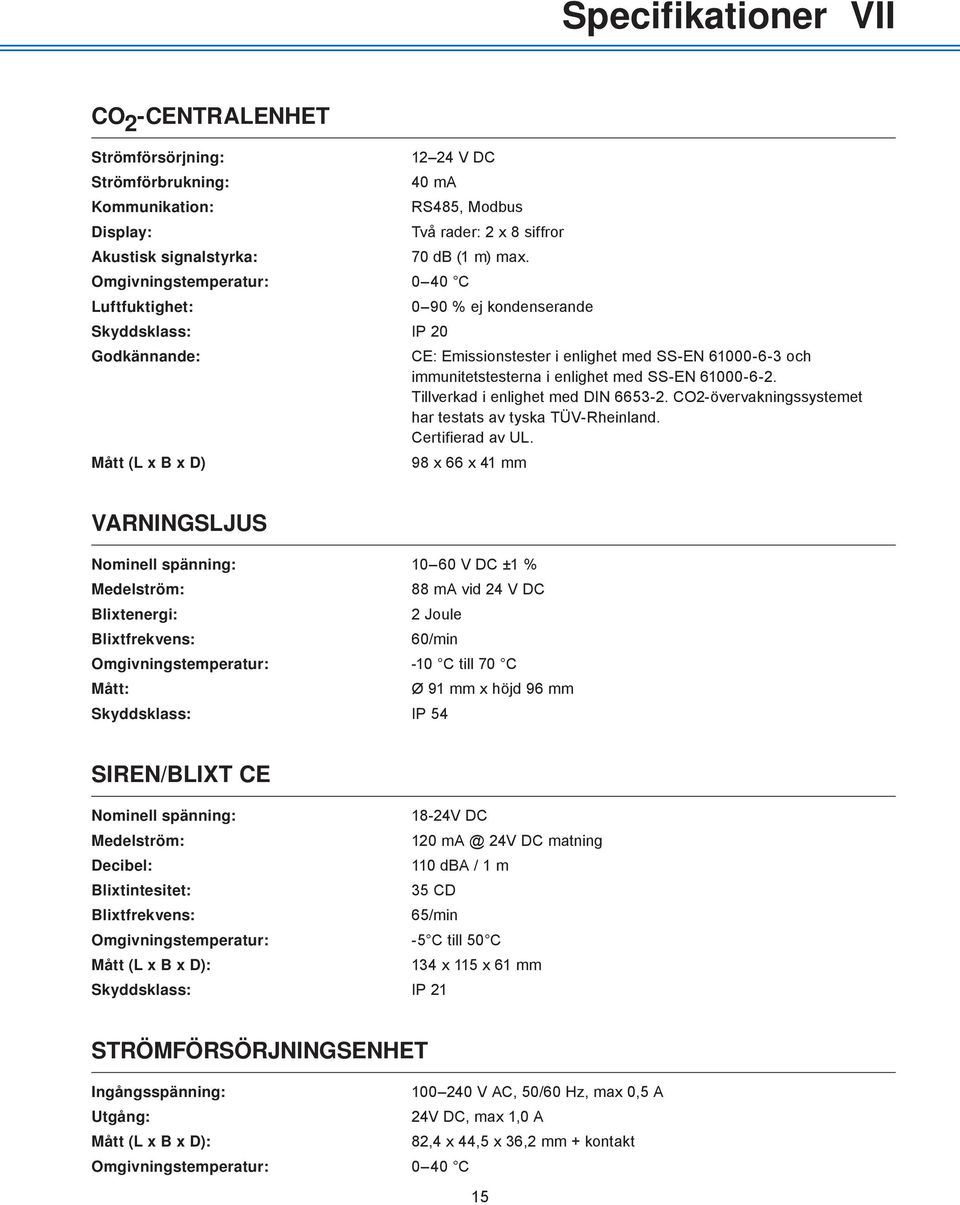 61000-6-2. Tillverkad i enlighet med DIN 6653-2. CO2-övervakningssystemet har testats av tyska TÜV-Rheinland. Certifierad av UL.