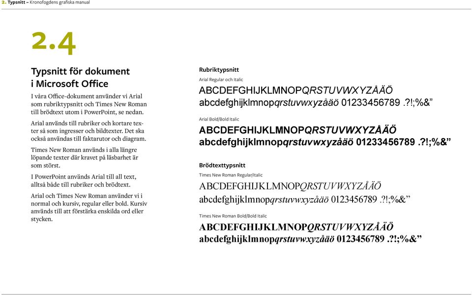 Arial används till rubriker och kortare texter så som ingresser och bildtexter. Det ska också användas till faktarutor och diagram.