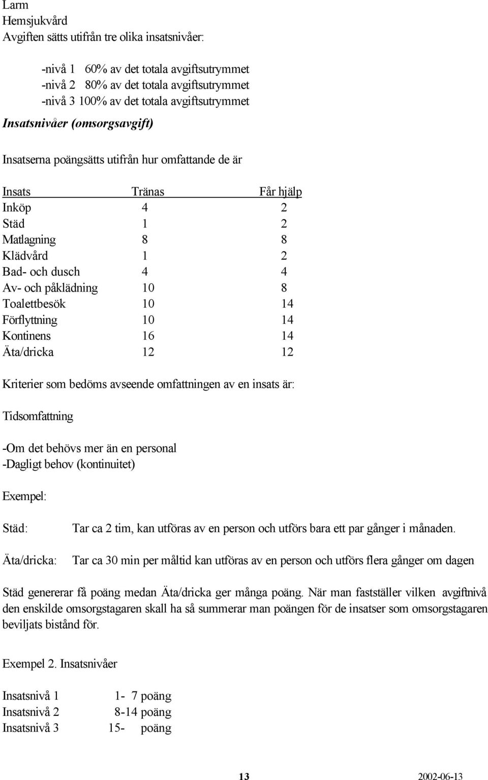 Toalettbesök 10 14 Förflyttning 10 14 Kontinens 16 14 Äta/dricka 12 12 Kriterier som bedöms avseende omfattningen av en insats är: Tidsomfattning -Om det behövs mer än en personal -Dagligt behov