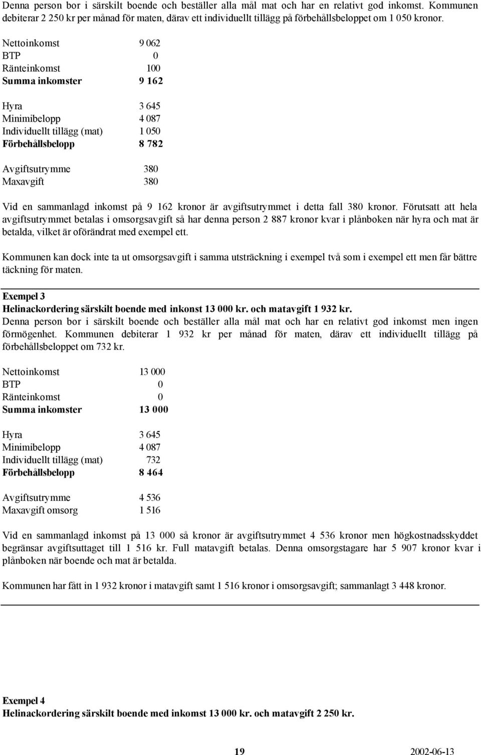 Nettoinkomst 9 062 BTP 0 Ränteinkomst 100 Summa inkomster 9 162 Hyra 3 645 Minimibelopp 4 087 Individuellt tillägg (mat) 1 050 Förbehållsbelopp 8 782 Avgiftsutrymme 380 Maxavgift 380 Vid en