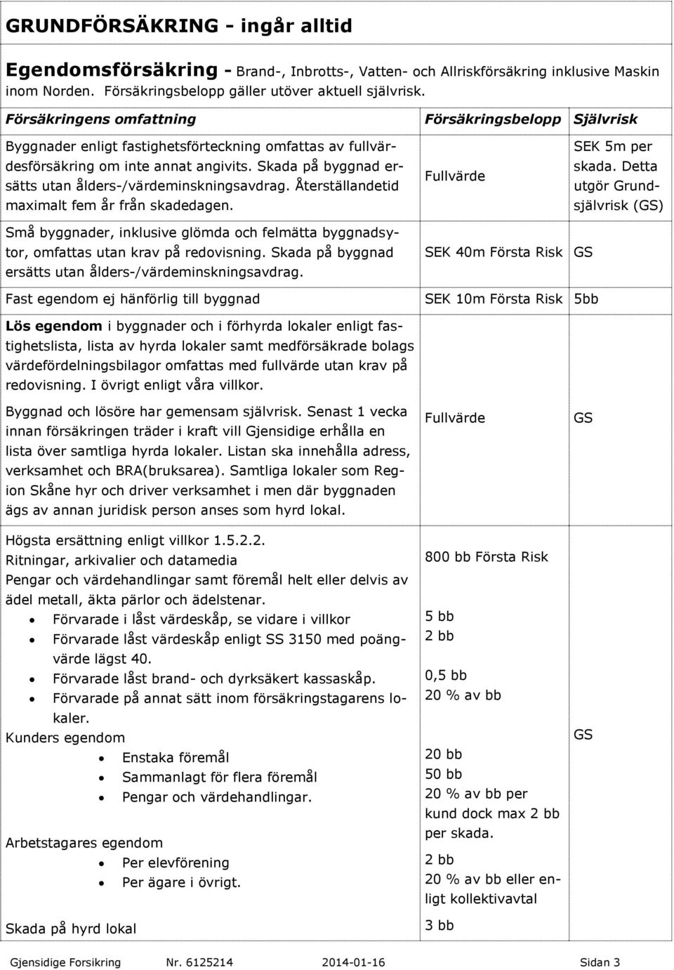 Återställandetid maximalt fem år från skadedagen. Fullvärde SEK 5m per skada.