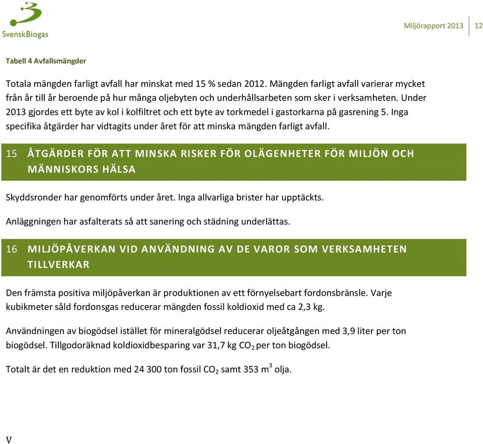 Under 2013 gjordes ett byte av kol i kolfiltret och ett byte av torkmedel i gastorkarna på gasrening 5. Inga specifika åtgärder har vidtagits under året för att minska mängden farligt avfall.