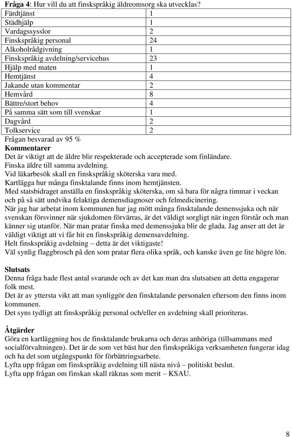 Bättre/stort behov 4 På samma sätt som till svenskar 1 Dagvård 2 Tolkservice 2 Frågan besvarad av 95 % Kommentarer Det är viktigt att de äldre blir respekterade och accepterade som finländare.