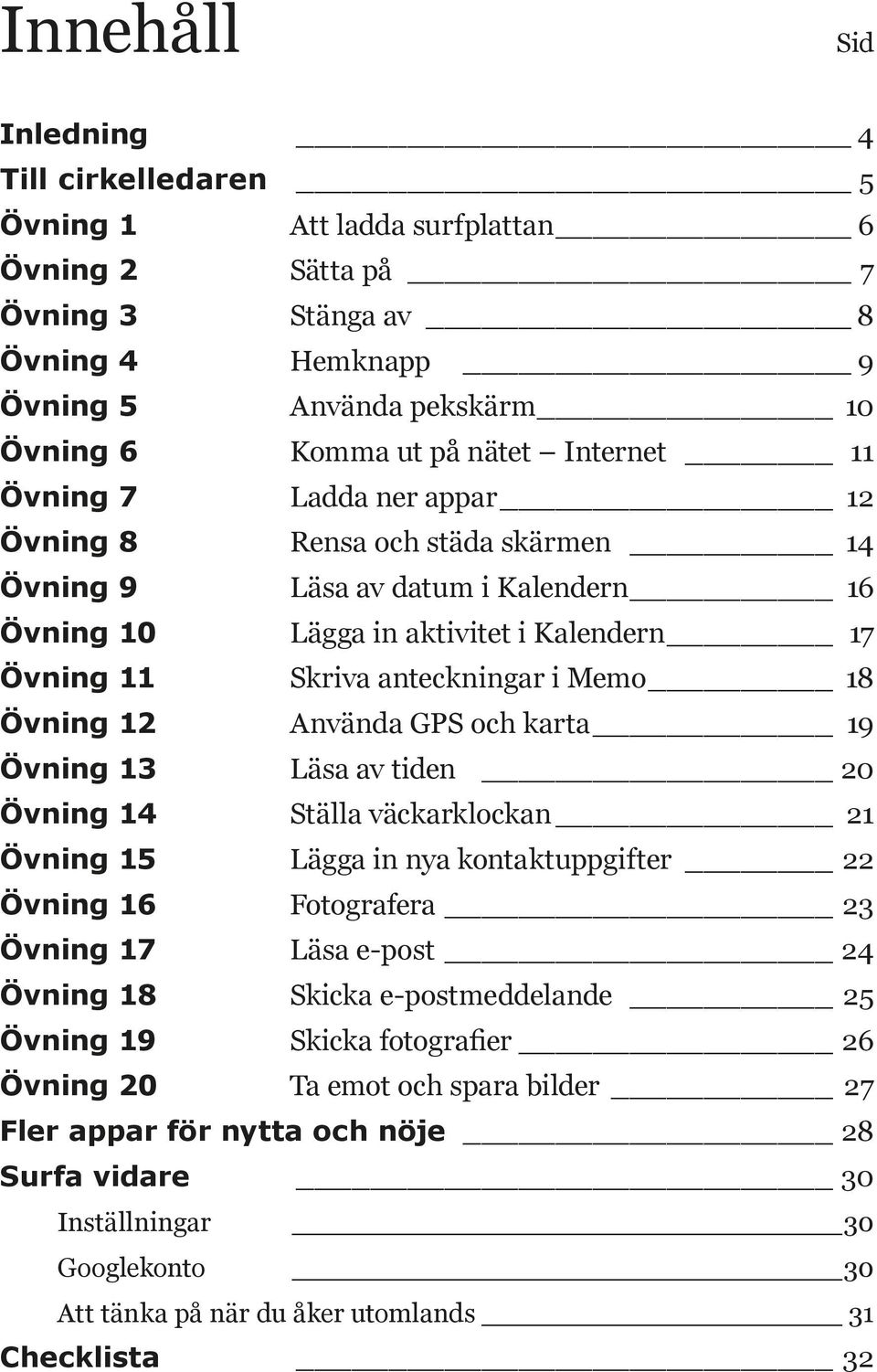 Övning 12 Använda GPS och karta 19 Övning 13 Läsa av tiden 20 Övning 14 Ställa väckarklockan 21 Övning 15 Lägga in nya kontaktuppgifter 22 Övning 16 Fotografera 23 Övning 17 Läsa e-post 24 Övning 18