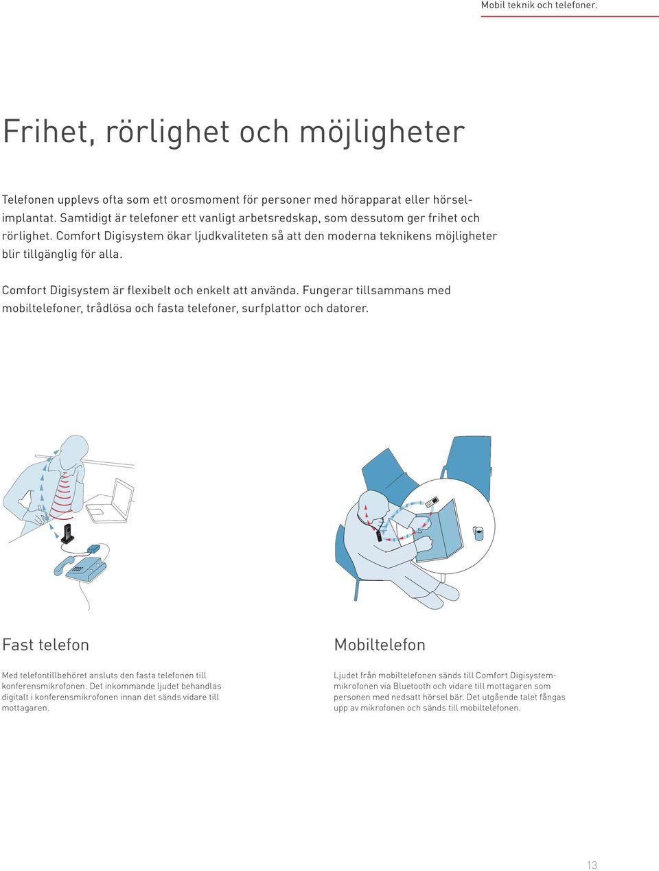 Comfort Digisystem är flexibelt och enkelt att använda. Fungerar tillsammans med mobiltelefoner, trådlösa och fasta telefoner, surfplattor och datorer.