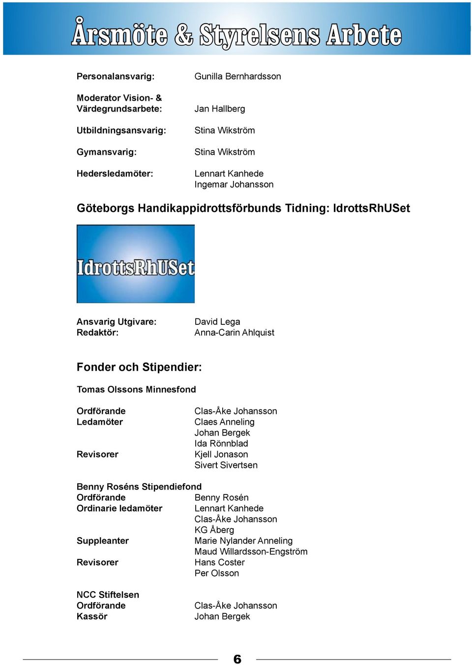 Minnesfond Ordförande Ledamöter Revisorer Clas-Åke Johansson Claes Anneling Johan Bergek Ida Rönnblad Kjell Jonason Sivert Sivertsen Benny Roséns Stipendiefond Ordförande Benny Rosén Ordinarie