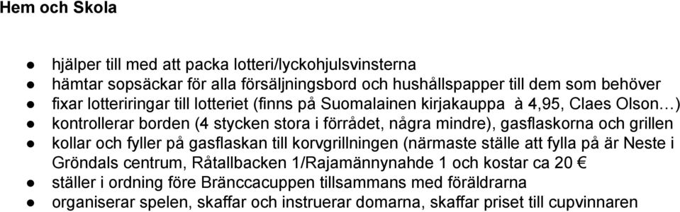 gasflaskorna och grillen kollar och fyller på gasflaskan till korvgrillningen (närmaste ställe att fylla på är Neste i Gröndals centrum, Råtallbacken