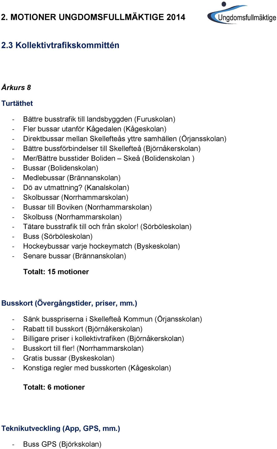 (Örjansskolan) - Bättre bussförbindelser till Skellefteå (Björnåkerskolan) - Mer/Bättre busstider Boliden Skeå (Bolidenskolan ) - Bussar (Bolidenskolan) - Medlebussar (Brännanskolan) - Dö av