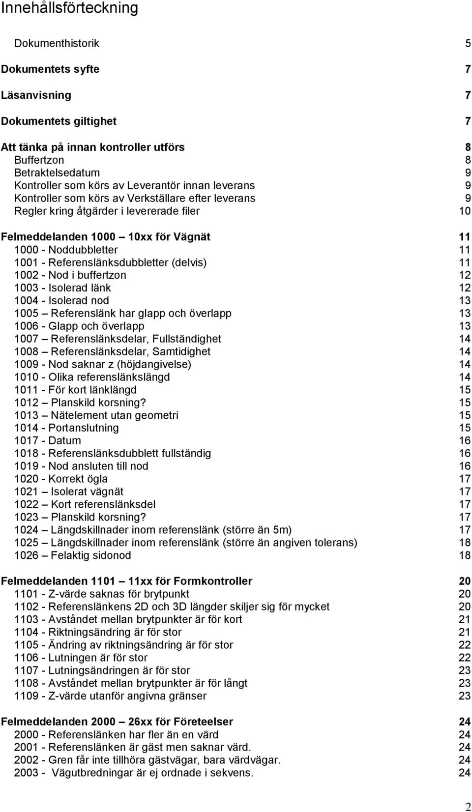 Referenslänksdubbletter (delvis) 11 1002 - Nod i buffertzon 12 1003 - Isolerad länk 12 1004 - Isolerad nod 13 1005 Referenslänk har glapp och överlapp 13 1006 - Glapp och överlapp 13 1007