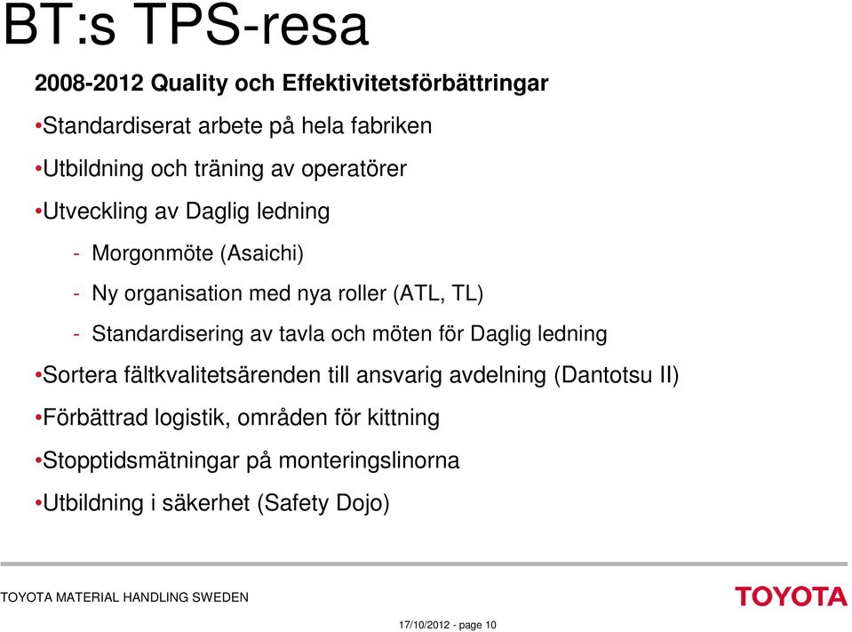 Standardisering av tavla och möten för Daglig ledning Sortera fältkvalitetsärenden till ansvarig avdelning (Dantotsu II)
