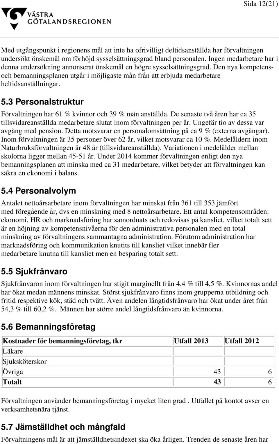 Den nya kompetensoch bemanningsplanen utgår i möjligaste mån från att erbjuda medarbetare heltidsanställningar. 5.3 Personalstruktur Förvaltningen har 61 % kvinnor och 39 % män anställda.