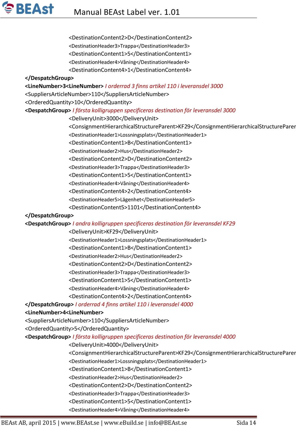 <OrderedQuantity>10</OrderedQuantity> <DespatchGroup> I första kolligruppen specificeras destination för leveransdel 3000 <DeliveryUnit>3000</DeliveryUnit>