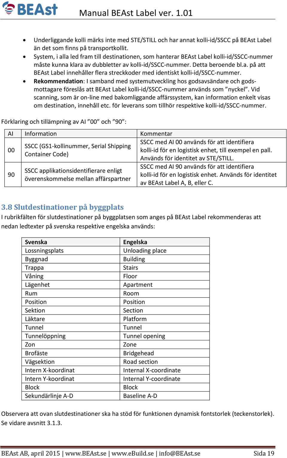 Rekommendation: I samband med systemutveckling hos godsavsändare och godsmottagare föreslås att BEAst Label kolli-id/sscc-nummer används som nyckel.