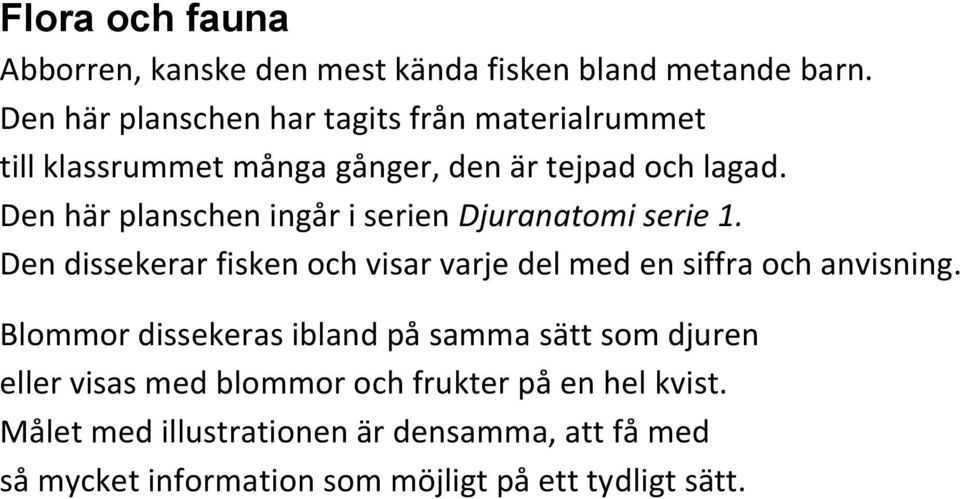 Den här planschen ingår i serien Djuranatomi serie 1. Den dissekerar fisken och visar varje del med en siffra och anvisning.