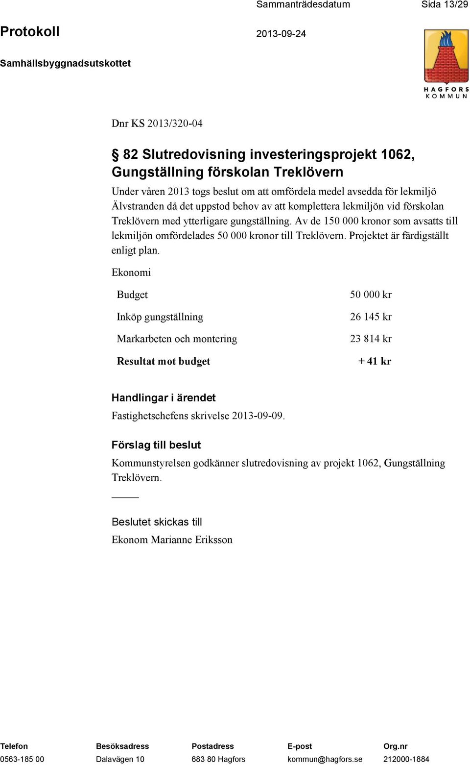 Av de 150 000 kronor som avsatts till lekmiljön omfördelades 50 000 kronor till Treklövern. Projektet är färdigställt enligt plan.