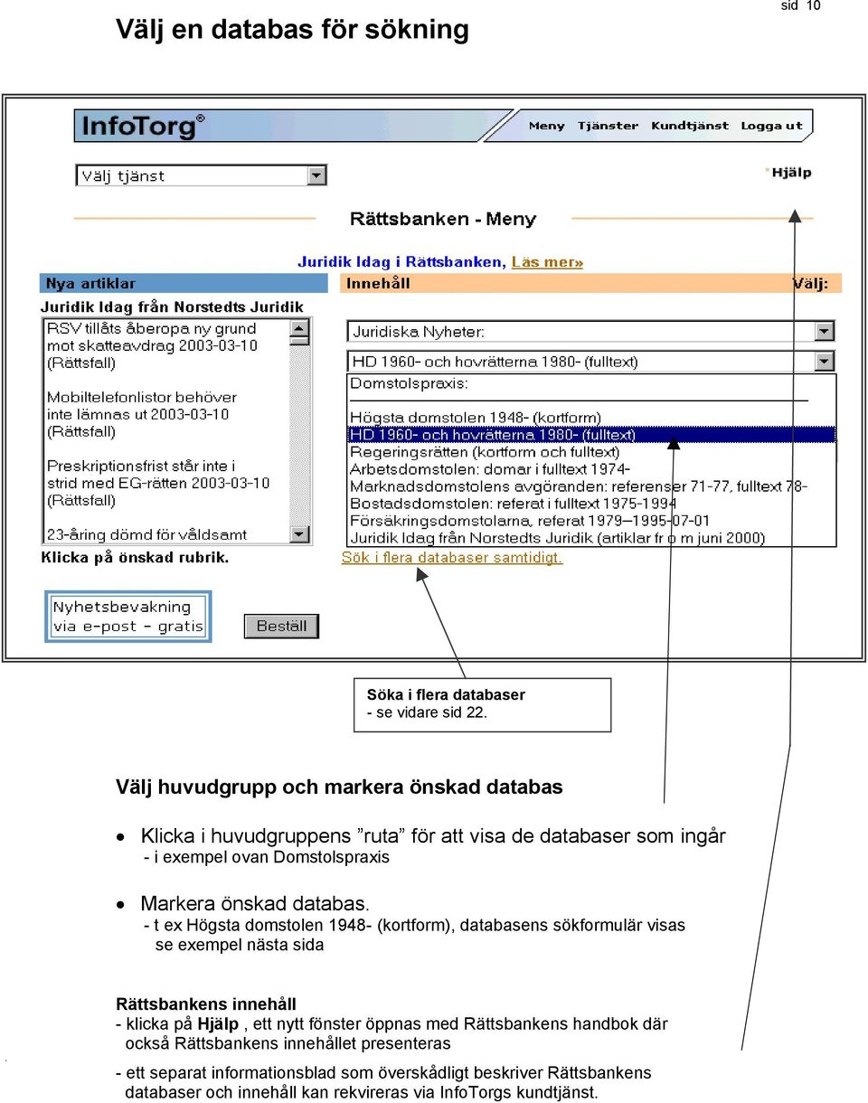 önskad databas. - t ex Högsta domstolen 1948- (kortform), databasens sökformulär visas se exempel nästa sida.