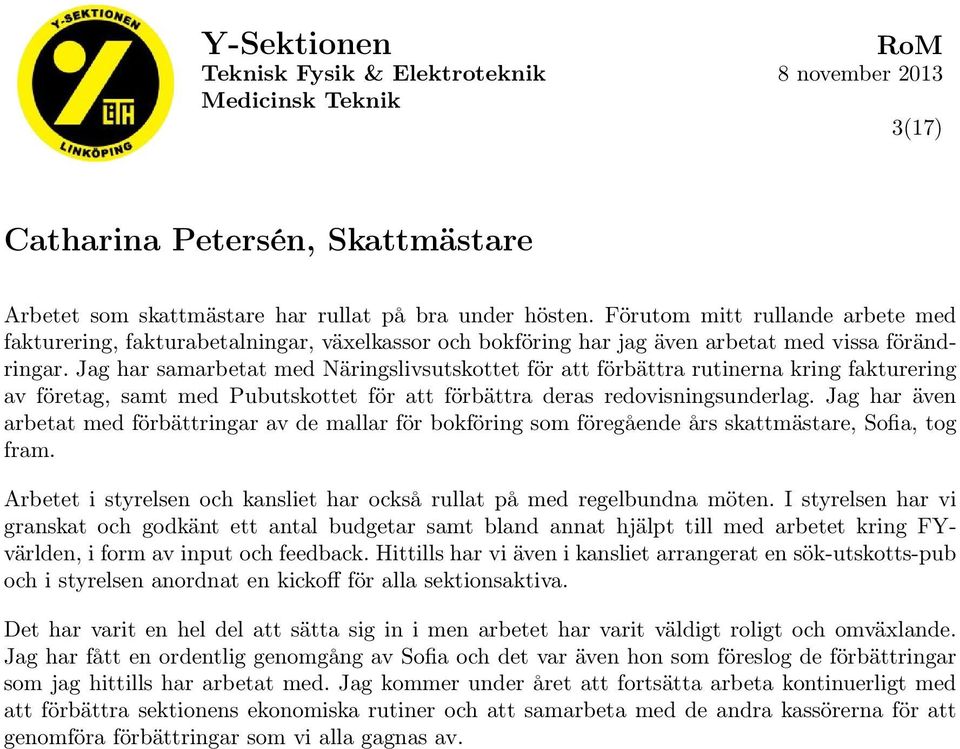 Jag har samarbetat med Näringslivsutskottet för att förbättra rutinerna kring fakturering av företag, samt med Pubutskottet för att förbättra deras redovisningsunderlag.