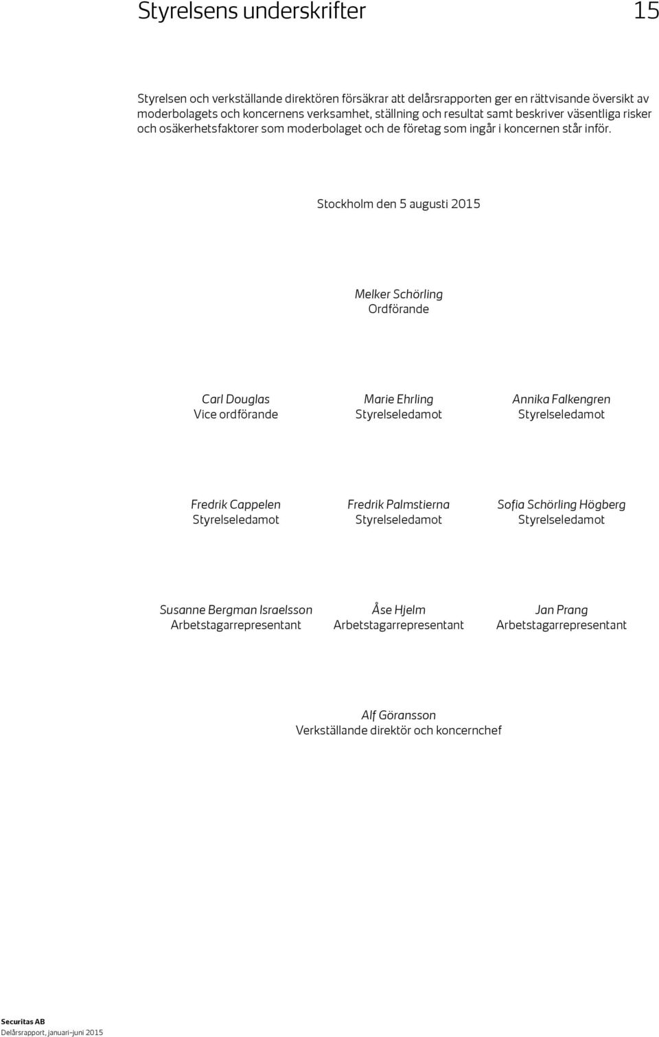 Stockholm den 5 augusti 2015 Melker Schörling Ordförande Carl Douglas Vice ordförande Marie Ehrling Styrelseledamot Annika Falkengren Styrelseledamot Fredrik Cappelen Styrelseledamot