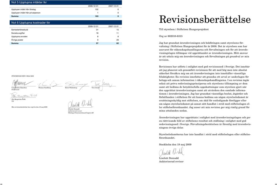 årsredovisningen och bokföringen samt styrelsens förvaltning i Stiftelsen Hungerprojektet för år 2008.