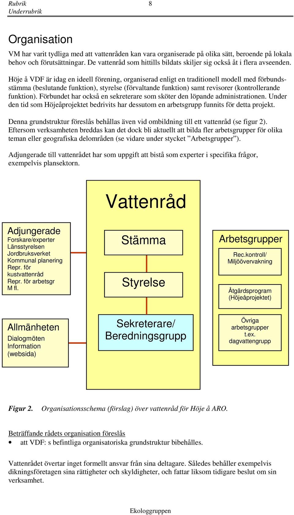 Höje å VDF är idag en ideell förening, organiserad enligt en traditionell modell med förbundsstämma (beslutande funktion), styrelse (förvaltande funktion) samt revisorer (kontrollerande funktion).