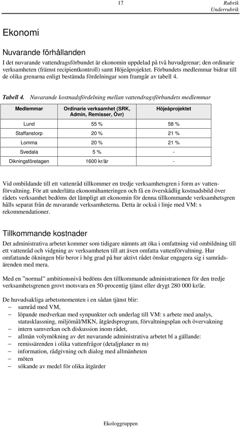 Nuvarande kostnadsfördelning mellan vattendragsförbundets medlemmar Medlemmar Ordinarie verksamhet (SRK, Admin, Remisser, Övr) Höjeåprojektet Lund 55 % 58 % Staffanstorp 20 % 21 % Lomma 20 % 21 %