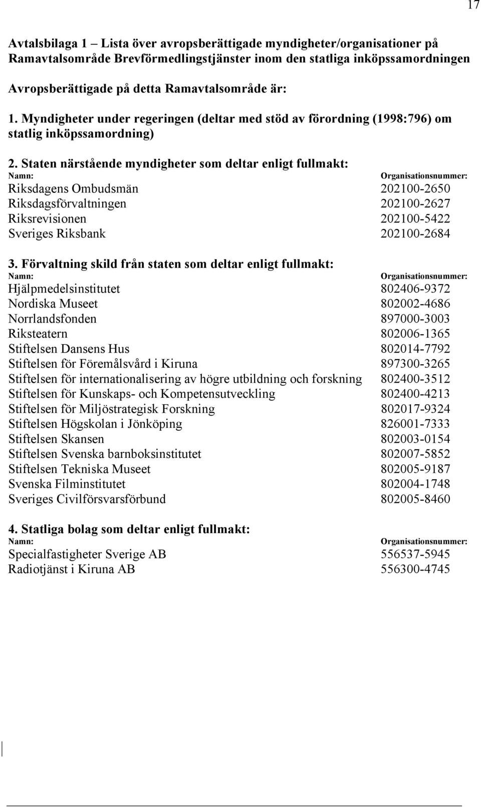 Staten närstående myndigheter som deltar enligt fullmakt: Namn: Riksdagens Ombudsmän 202100-2650 Riksdagsförvaltningen 202100-2627 Riksrevisionen 202100-5422 Sveriges Riksbank 202100-2684