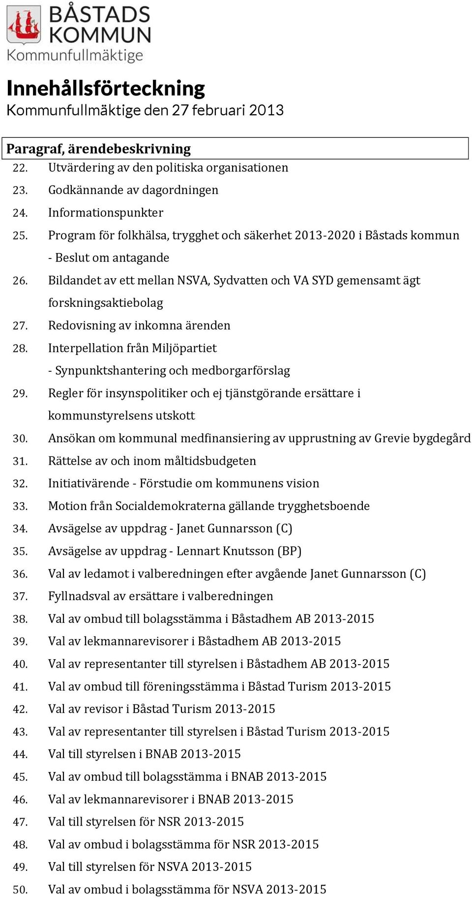 Redovisning av inkomna ärenden 28. Interpellation från Miljöpartiet Synpunktshantering och medborgarförslag 29. Regler för insynspolitiker och ej tjänstgörande ersättare i kommunstyrelsens utskott 30.