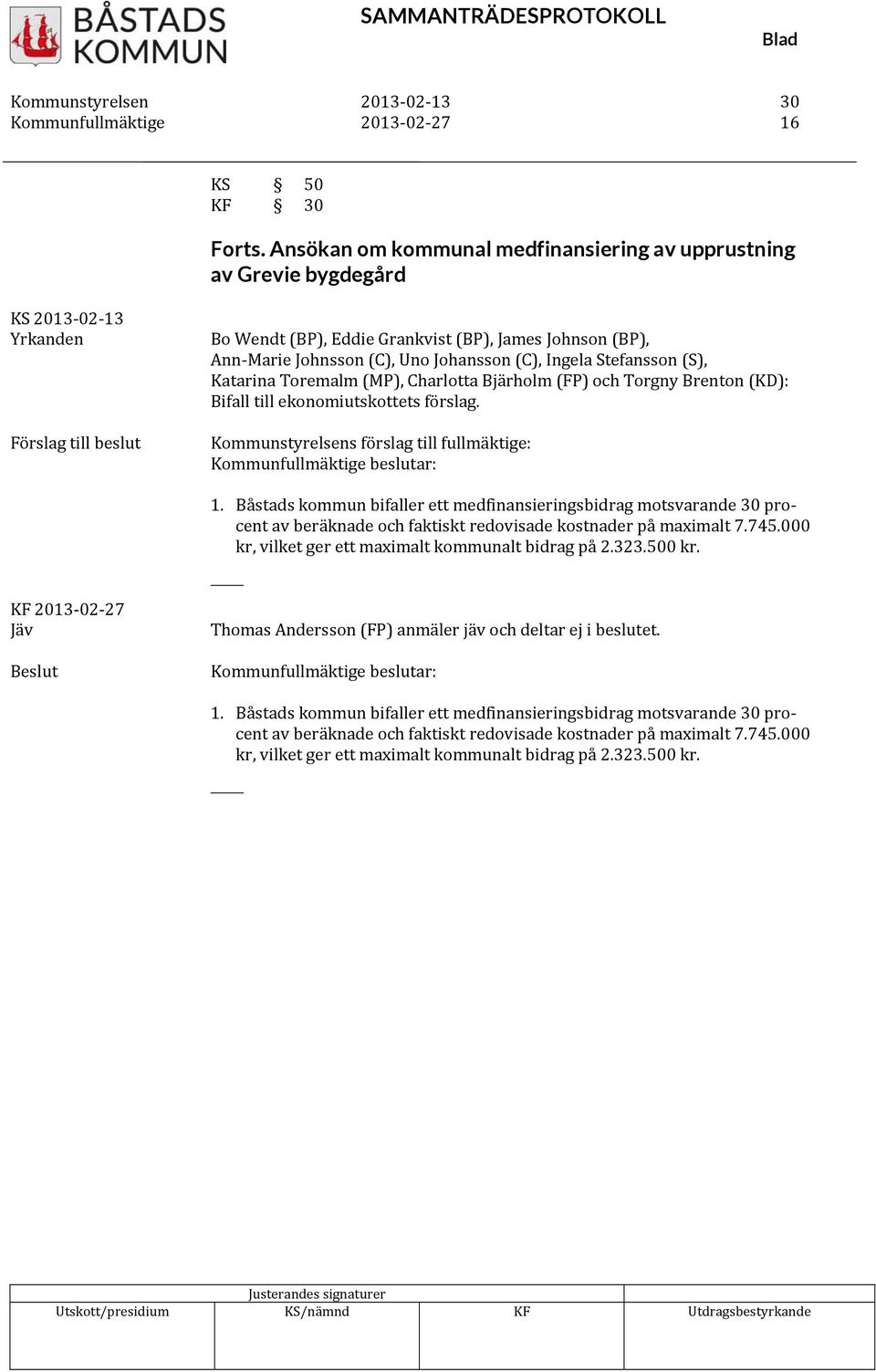 Johnsson (C), Uno Johansson (C), Ingela Stefansson (S), Katarina Toremalm (MP), Charlotta Bjärholm (FP) och Torgny Brenton (KD): Bifall till ekonomiutskottets förslag.