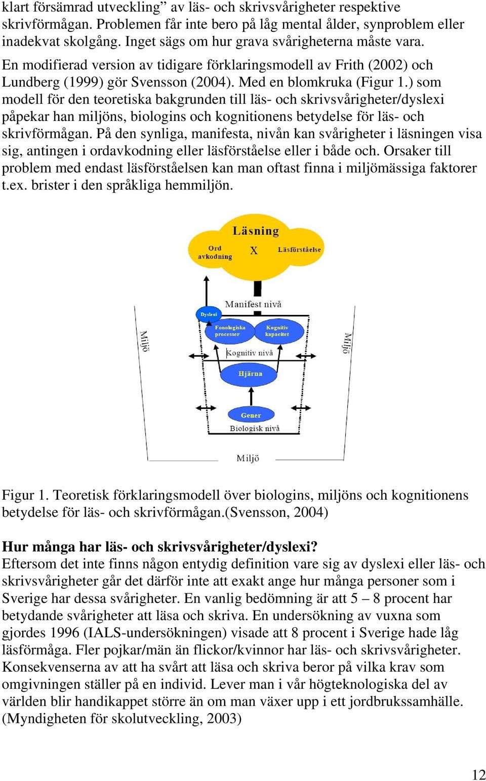 ) som modell för den teoretiska bakgrunden till läs- och skrivsvårigheter/dyslexi påpekar han miljöns, biologins och kognitionens betydelse för läs- och skrivförmågan.