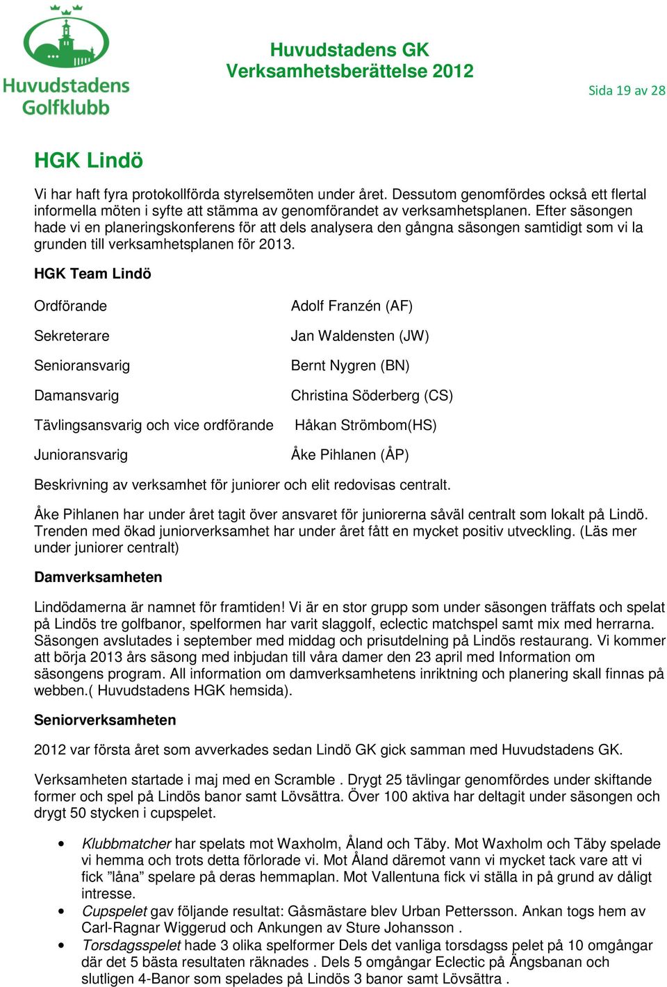 HGK Team Lindö Ordförande Sekreterare Senioransvarig Damansvarig Tävlingsansvarig och vice ordförande Junioransvarig Adolf Franzén (AF) Jan Waldensten (JW) Bernt Nygren (BN) Christina Söderberg (CS)