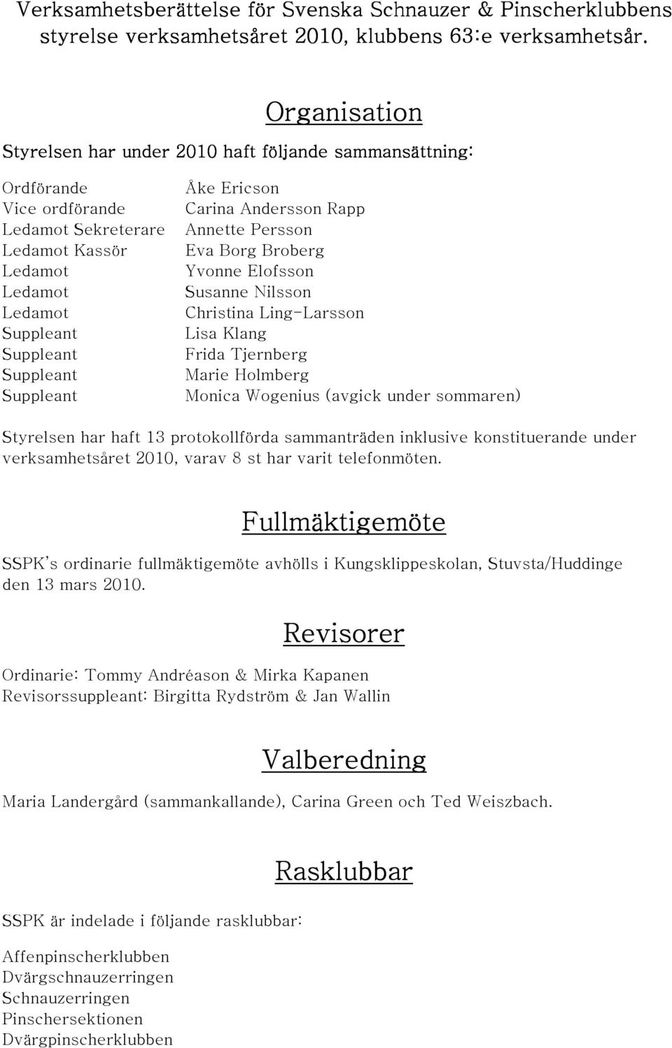 Ericson Carina Andersson Rapp Annette Persson Eva Borg Broberg Yvonne Elofsson Susanne Nilsson Christina Ling-Larsson Lisa Klang Frida Tjernberg Marie Holmberg Monica Wogenius (avgick under sommaren)