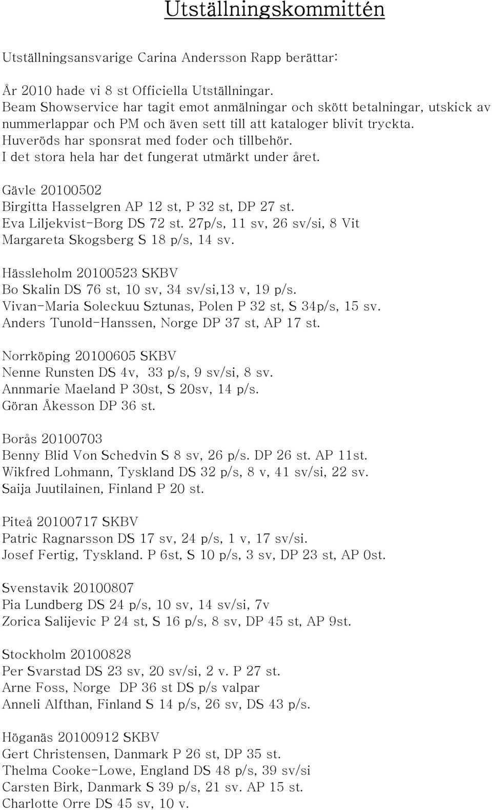 I det stora hela har det fungerat utmärkt under året. Gävle 20100502 Birgitta Hasselgren AP 12 st, P 32 st, DP 27 st. Eva Liljekvist-Borg DS 72 st.