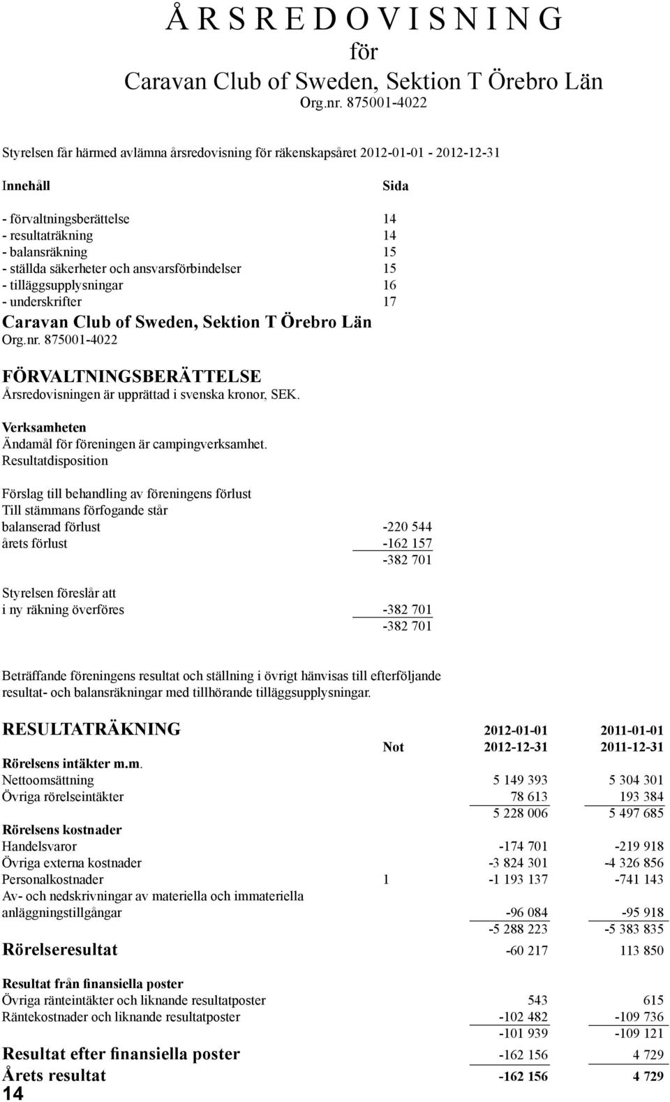 och ansvarsförbindelser 15 - tilläggsupplysningar 16 - underskrifter 17 Caravan Club of Sweden, Sektion T Örebro Län Org.nr.