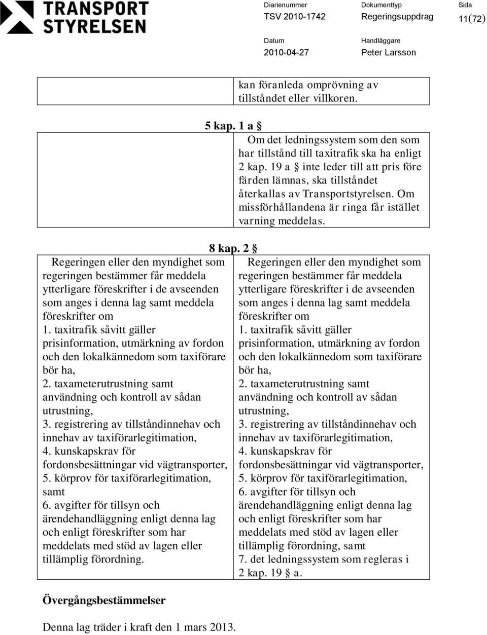 registrering av tillståndinnehav och innehav av taxiförarlegitimation, 4. kunskapskrav för fordonsbesättningar vid vägtransporter, 5. körprov för taxiförarlegitimation, samt 6.